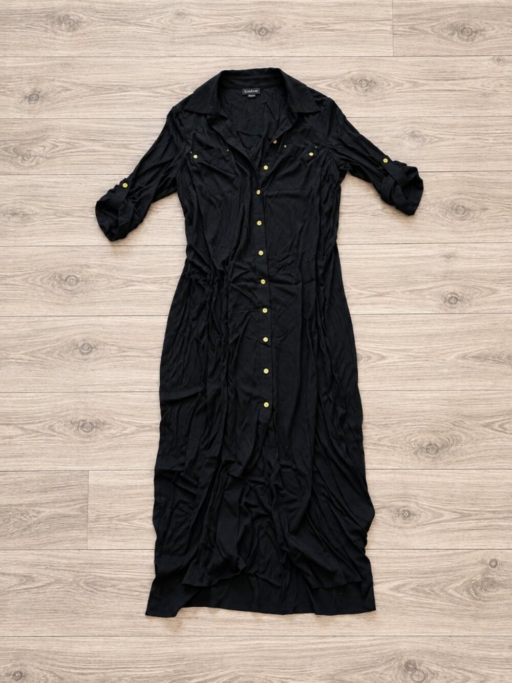 bebe Black Maxi Shirt Dress XL Gold Button Roll Tab Y2K